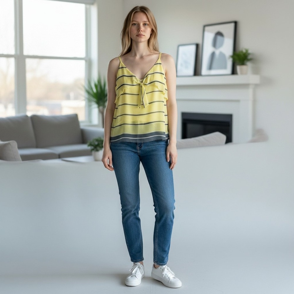 Cabi Tie Front Cami Yellow Navy Blue Striped Sleeveless Chiffon Top Size M Flowy